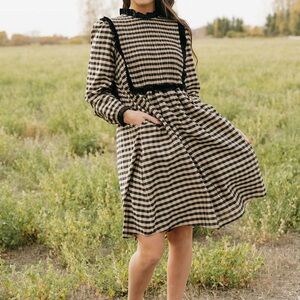 Checked Ruffle Yoke Long Sleeve Dress in Beige and Black